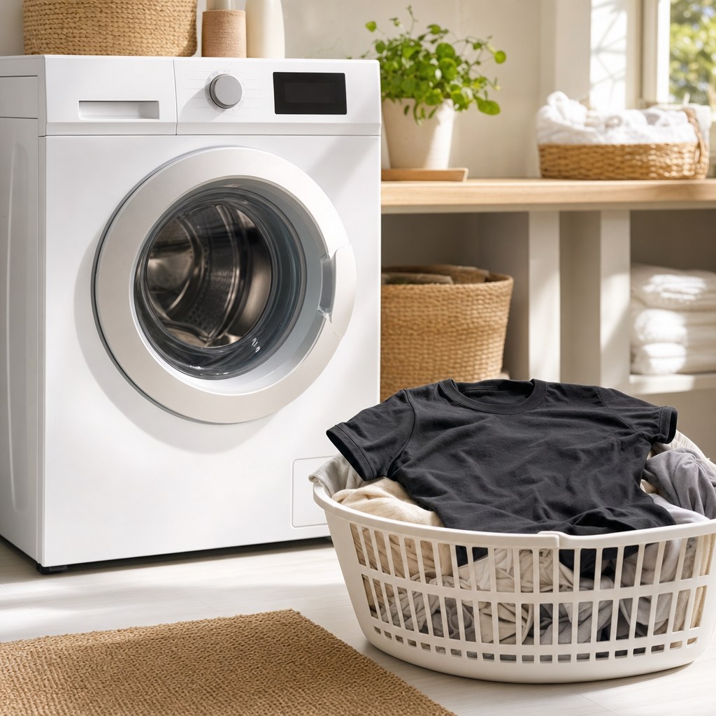 Washing machine beside a basket of lightweight clothes on a gentle cycle