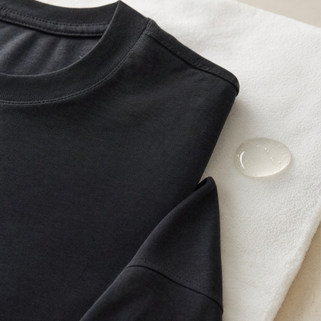 Plain dark T-shirt on a white towel beside a small amount of mild liquid detergent