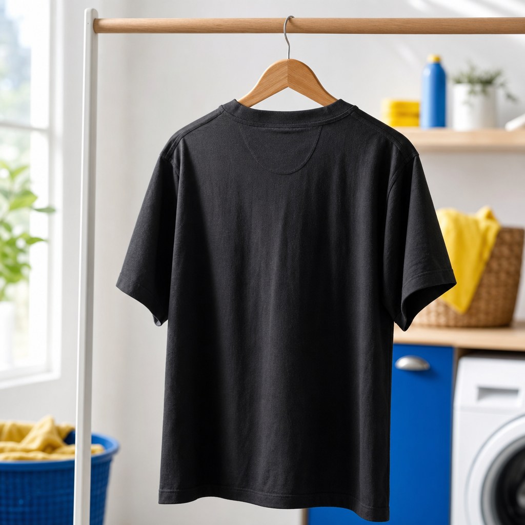 Inside-out dark T-shirt air drying on a wide wooden hanger