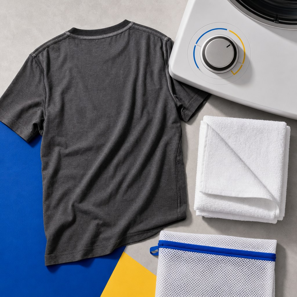 Inside-out graphic T-shirt beside a low-heat dryer control and mesh laundry bag