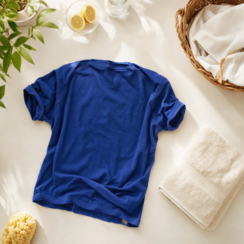 Plain blue T-shirt turned inside out beside laundry supplies