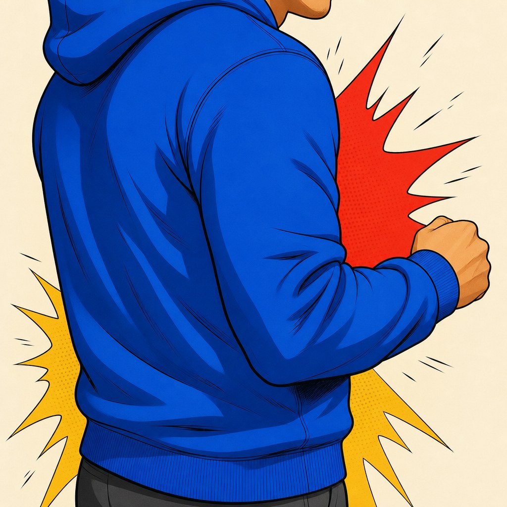 Illustration showing a hoodie shoulder and sleeve with room for natural movement