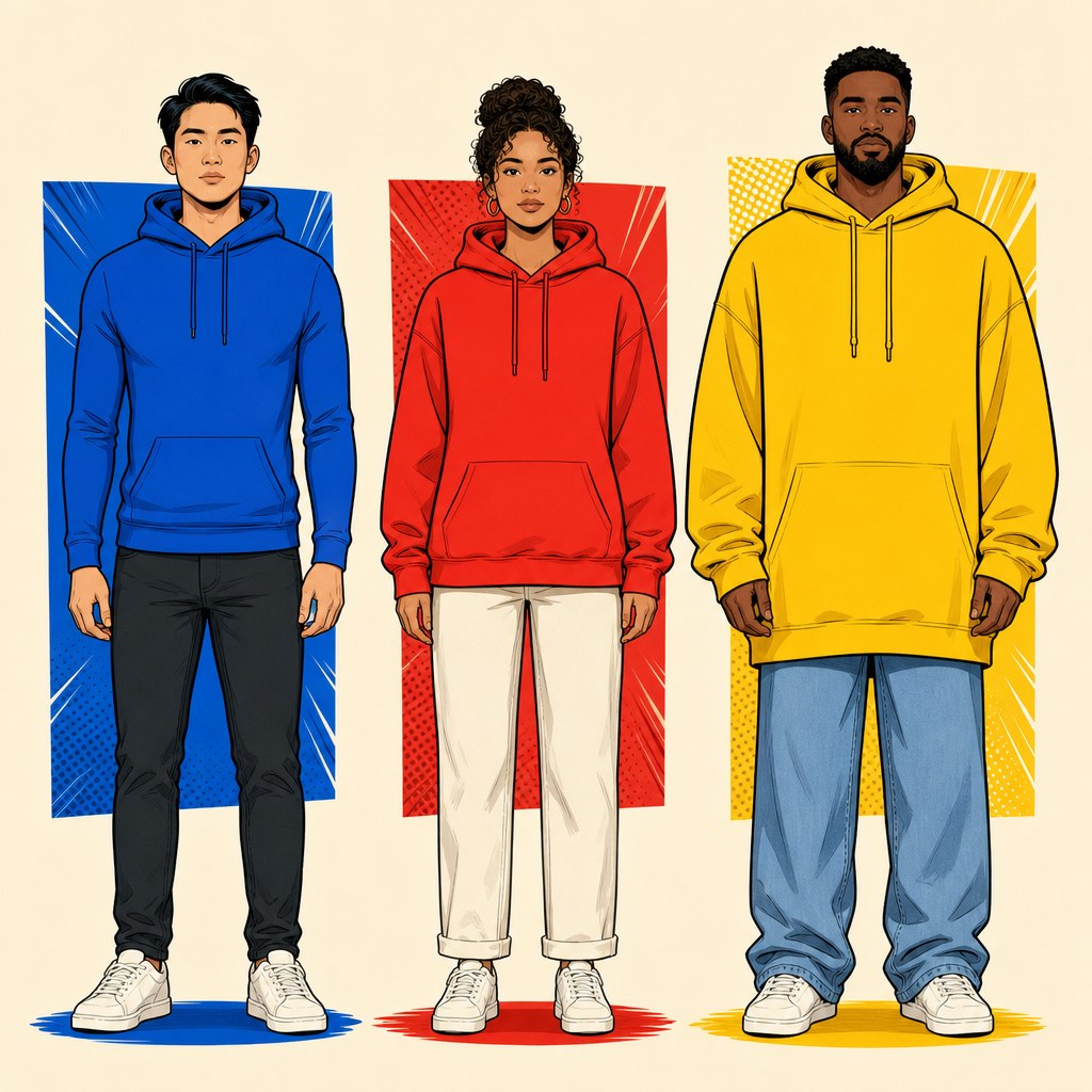 Illustration comparing different hoodie silhouettes and their printed fronts