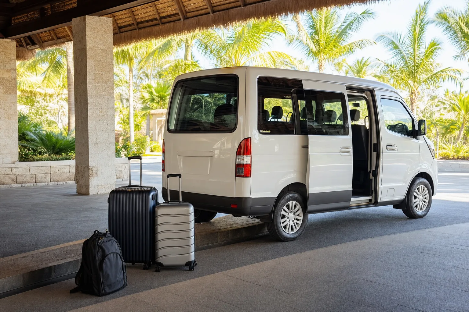 Unbranded passenger van and luggage at a tropical resort arrival entrance