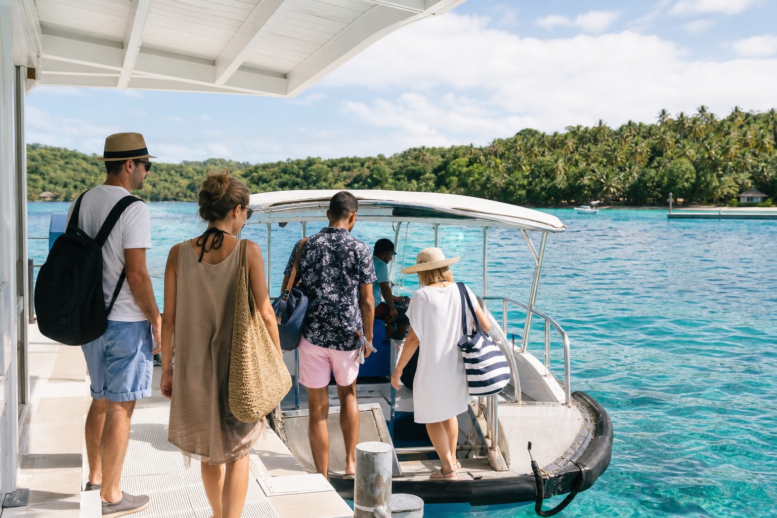 Travelers boarding a small boat for a tropical excursion