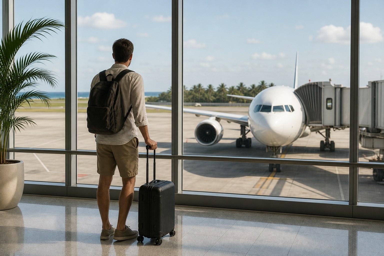 Traveler with a suitcase looking toward an airplane from an airport terminal