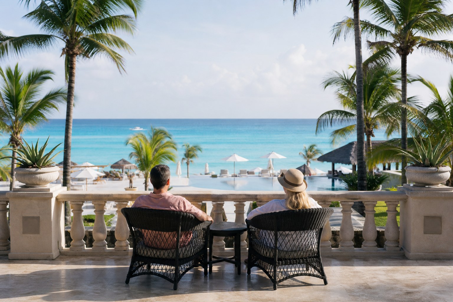 Couple relaxing on a tropical resort terrace overlooking the ocean