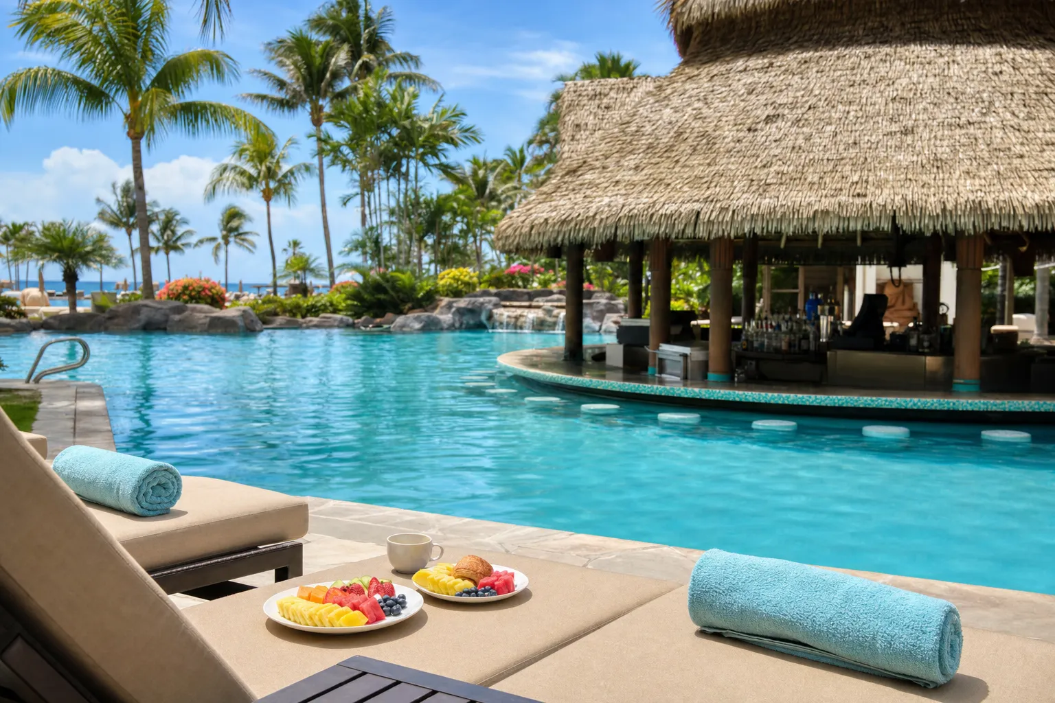Tropical resort pool with loungers, breakfast plates, and a swim-up bar