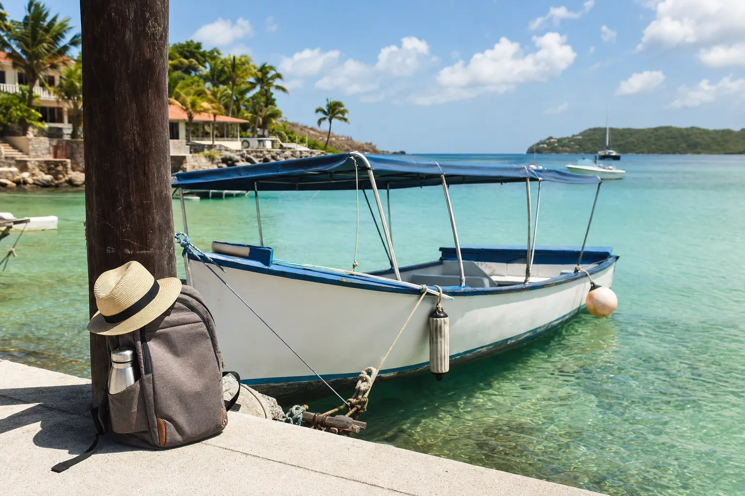 Small tour boat and day bag at a bright tropical harbor