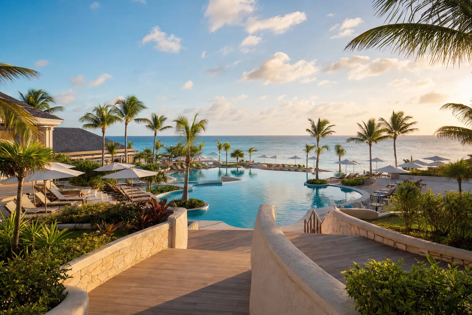 Tropical all-inclusive resort with pools, palm trees, and ocean views
