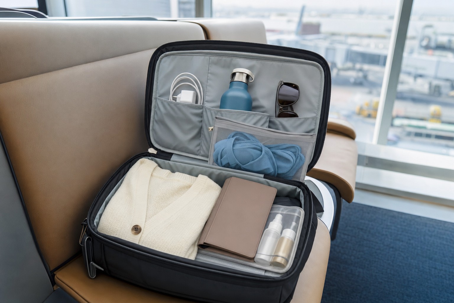 Open carry-on bag with travel essentials at an airport lounge