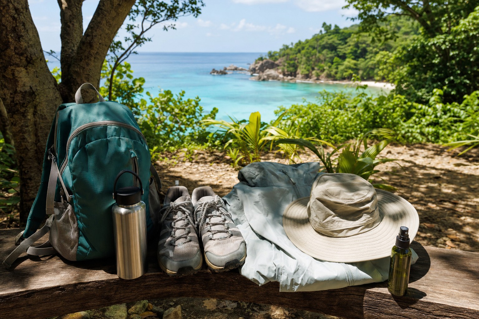 Daypack, walking shoes, rain layer, hat, and water bottle ready for a tropical beach excursion
