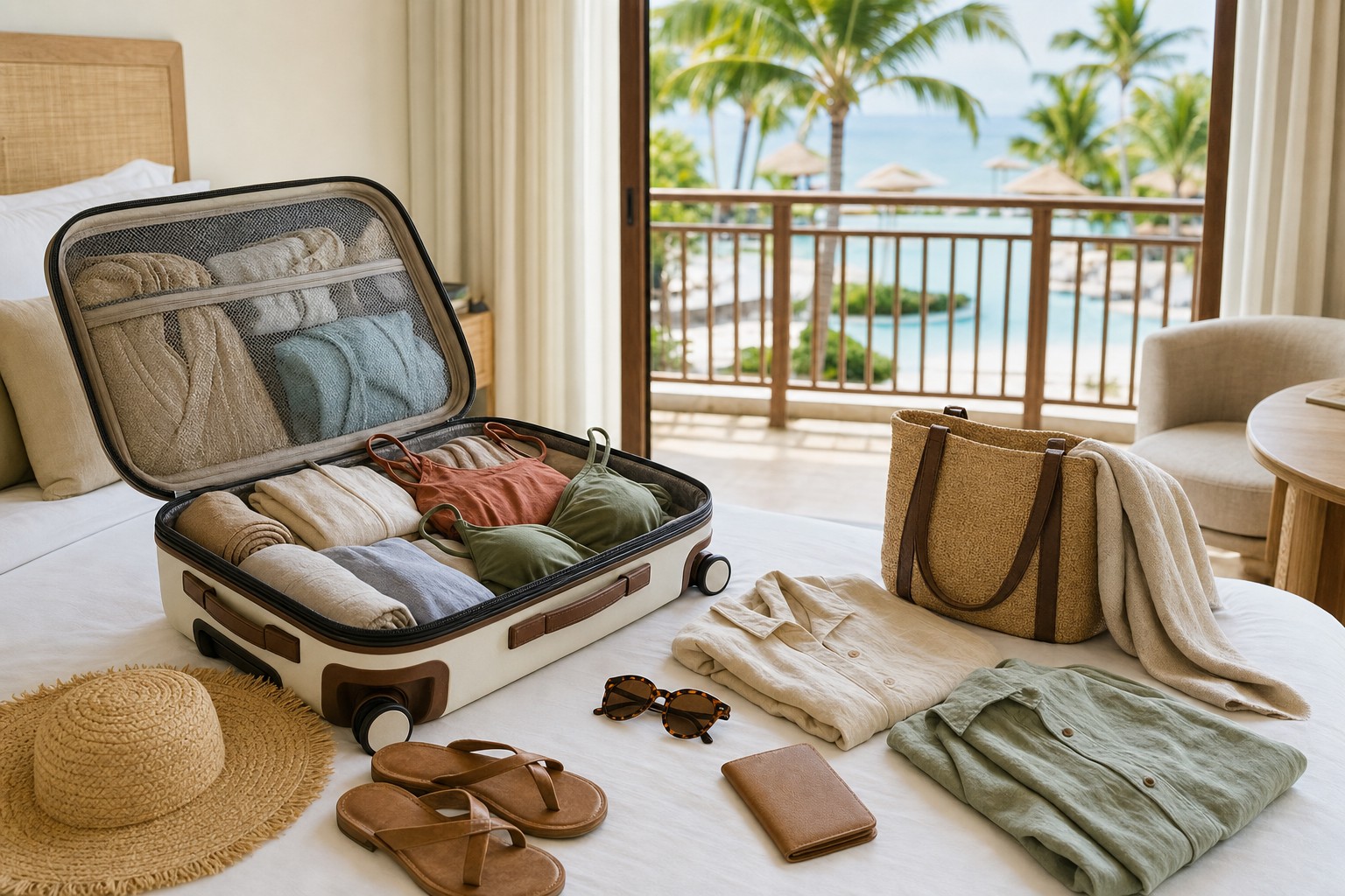 Open carry-on suitcase packed for a tropical all-inclusive resort stay