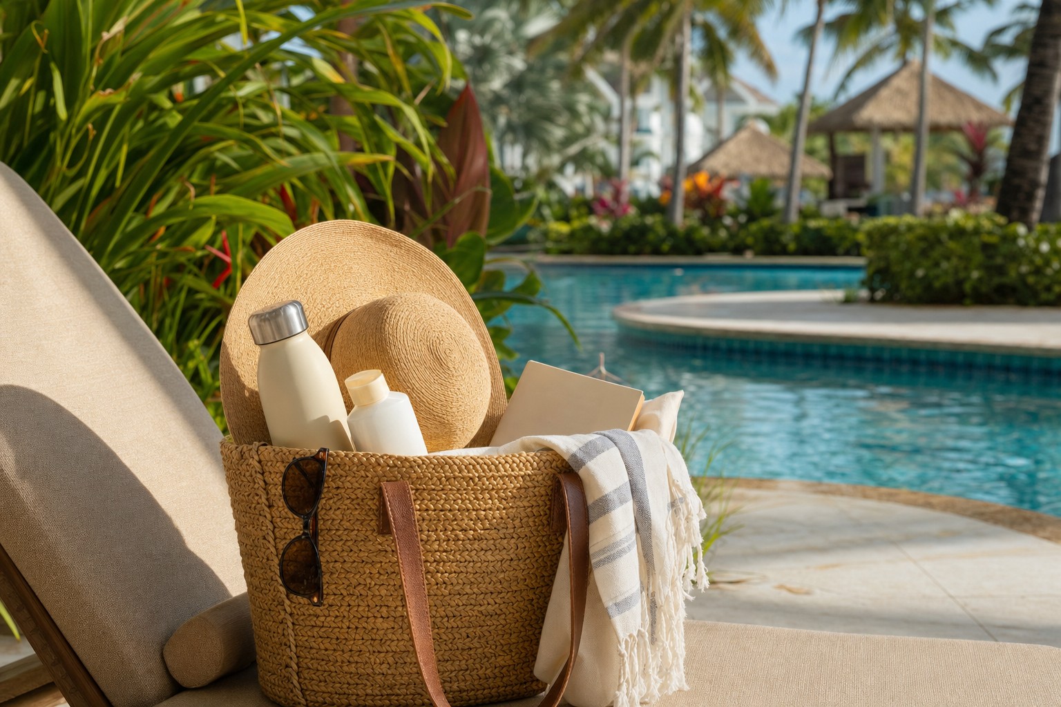 Beach tote with sunscreen, sun hat, water bottle, and cover-up beside a tropical resort pool