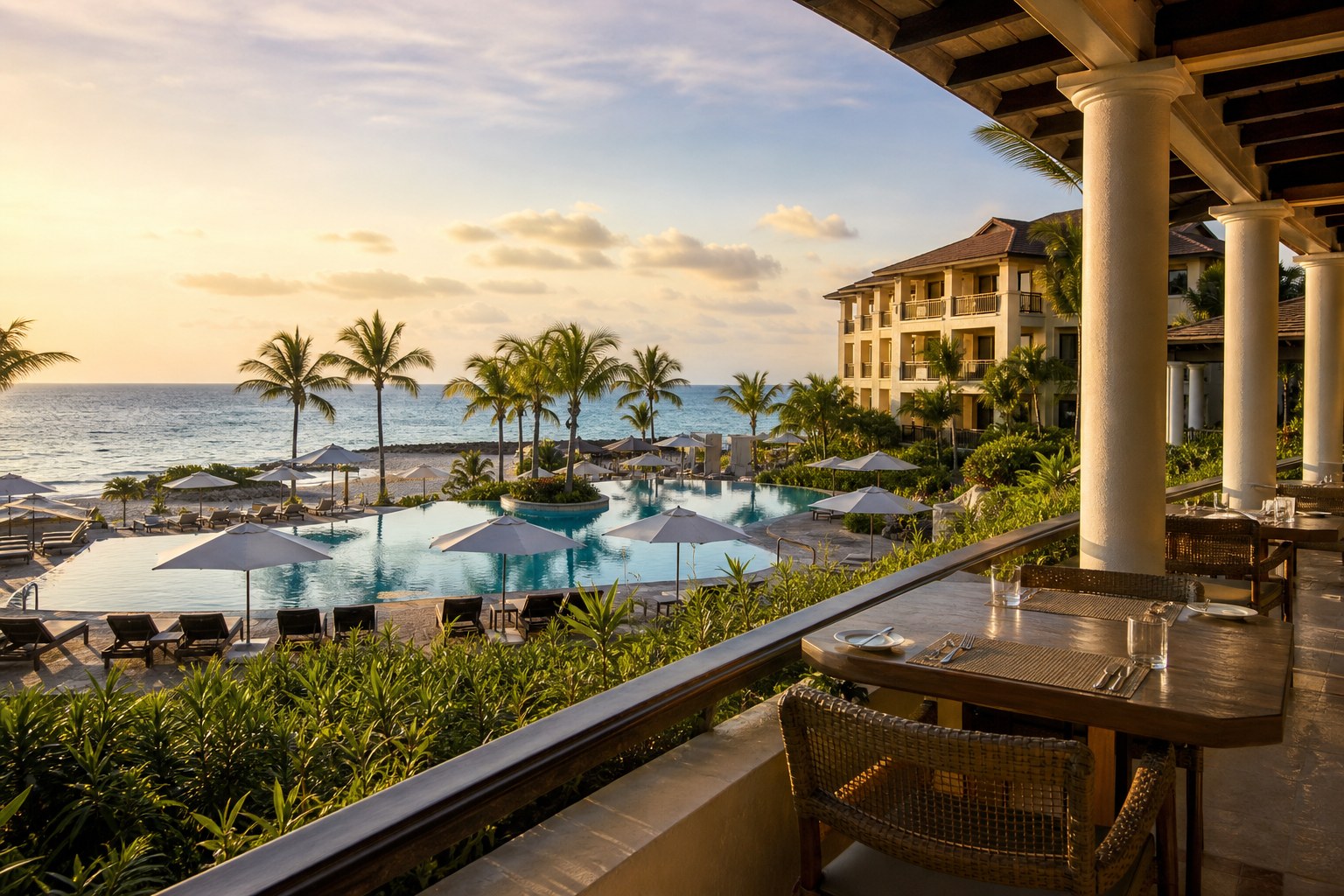 Tropical all-inclusive resort with a pool, restaurant terrace, beach, and guest rooms
