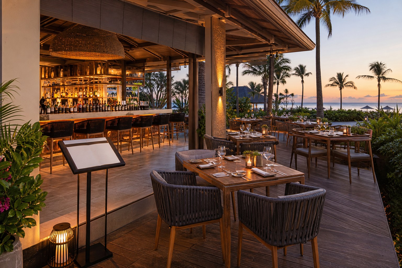 Open-air tropical resort restaurant with a bar and ocean view at sunset
