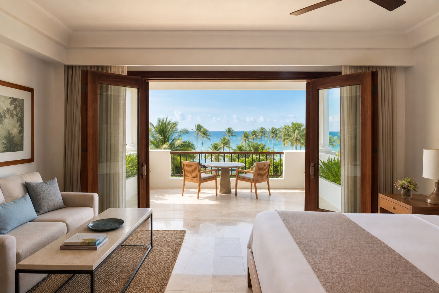 Bright tropical resort suite opening onto a private ocean-view terrace