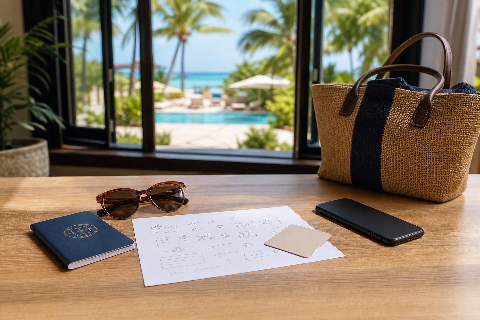 Travel planning table with passport, sunglasses, beach bag, and a tropical resort view
