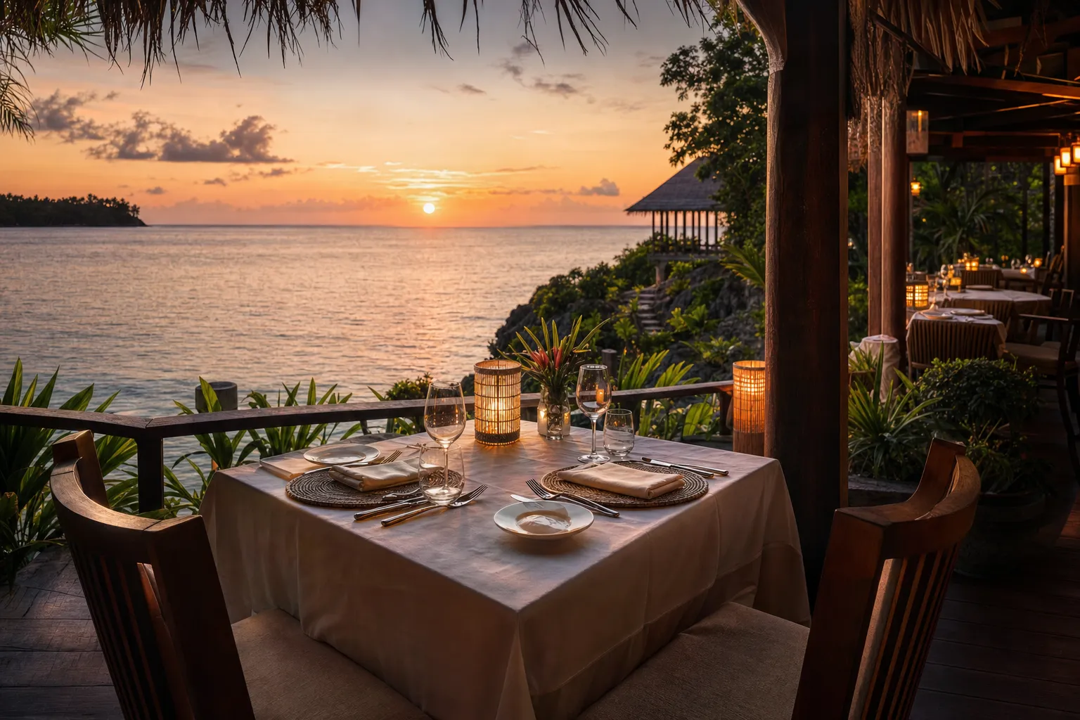 Open-air tropical resort restaurant overlooking the ocean at sunset
