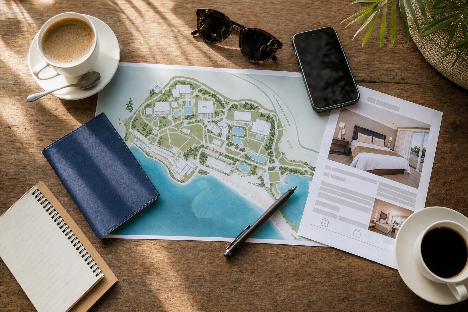 Resort map, hotel room details, notebook, phone, and coffee on a travel planning table