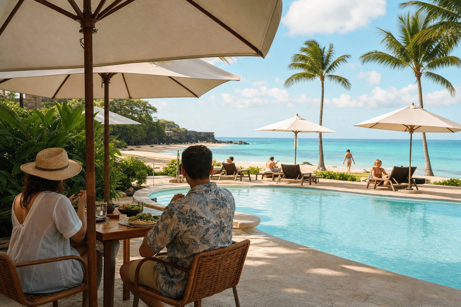 Travelers enjoying lunch beside a tropical resort pool and beach