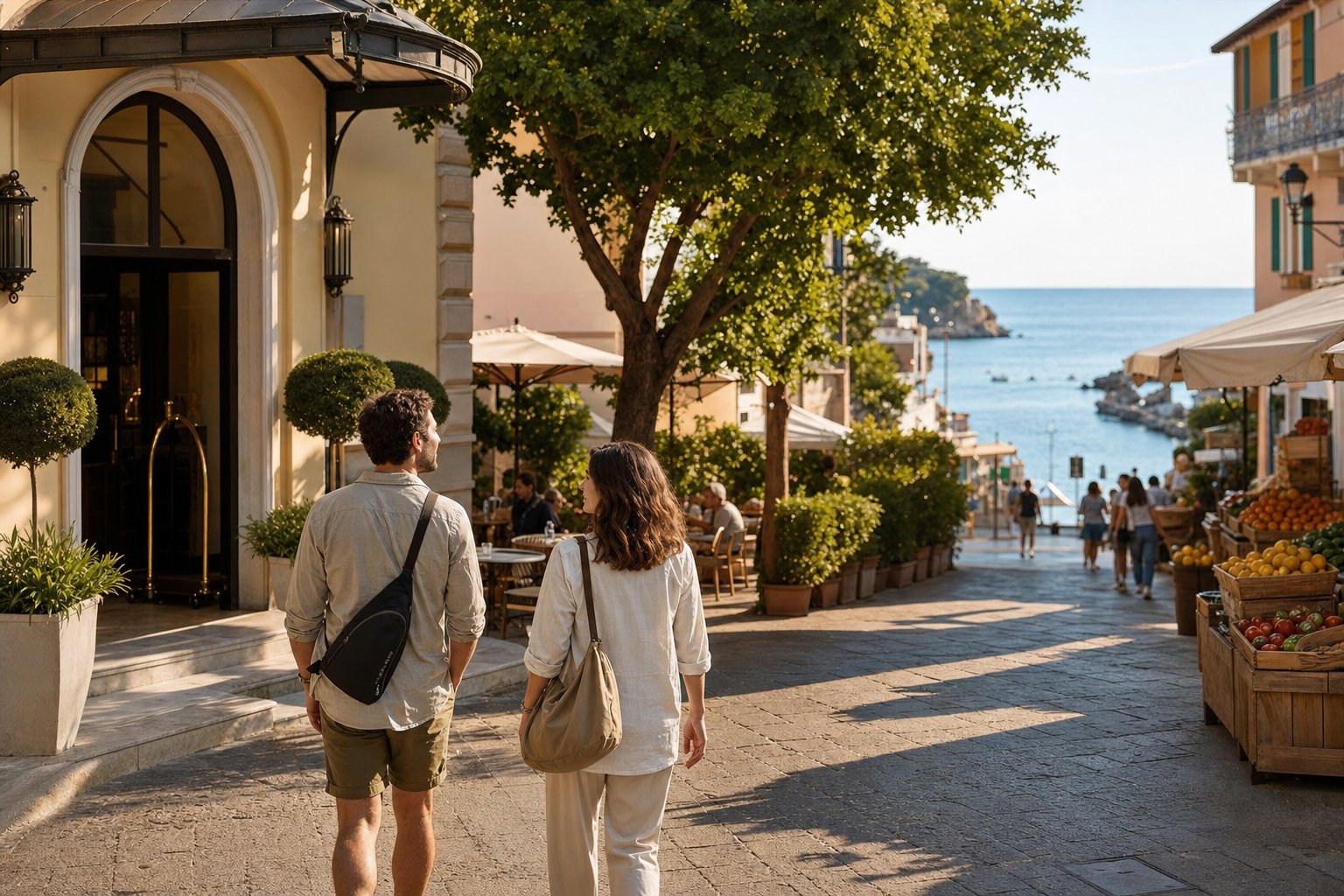Couple walking from a boutique coastal hotel toward cafes and a seaside market
