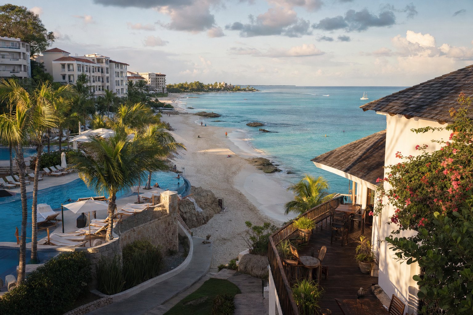 Caribbean shoreline with a resort pool terrace and an intimate beach hotel terrace