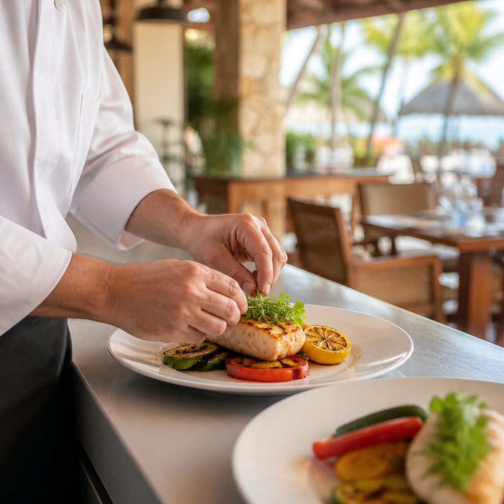 Chef plating a fish and vegetable meal in an open resort kitchen