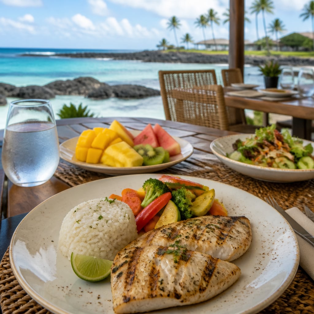 Grilled fish, rice, vegetables, and fresh fruit served at an oceanfront resort restaurant