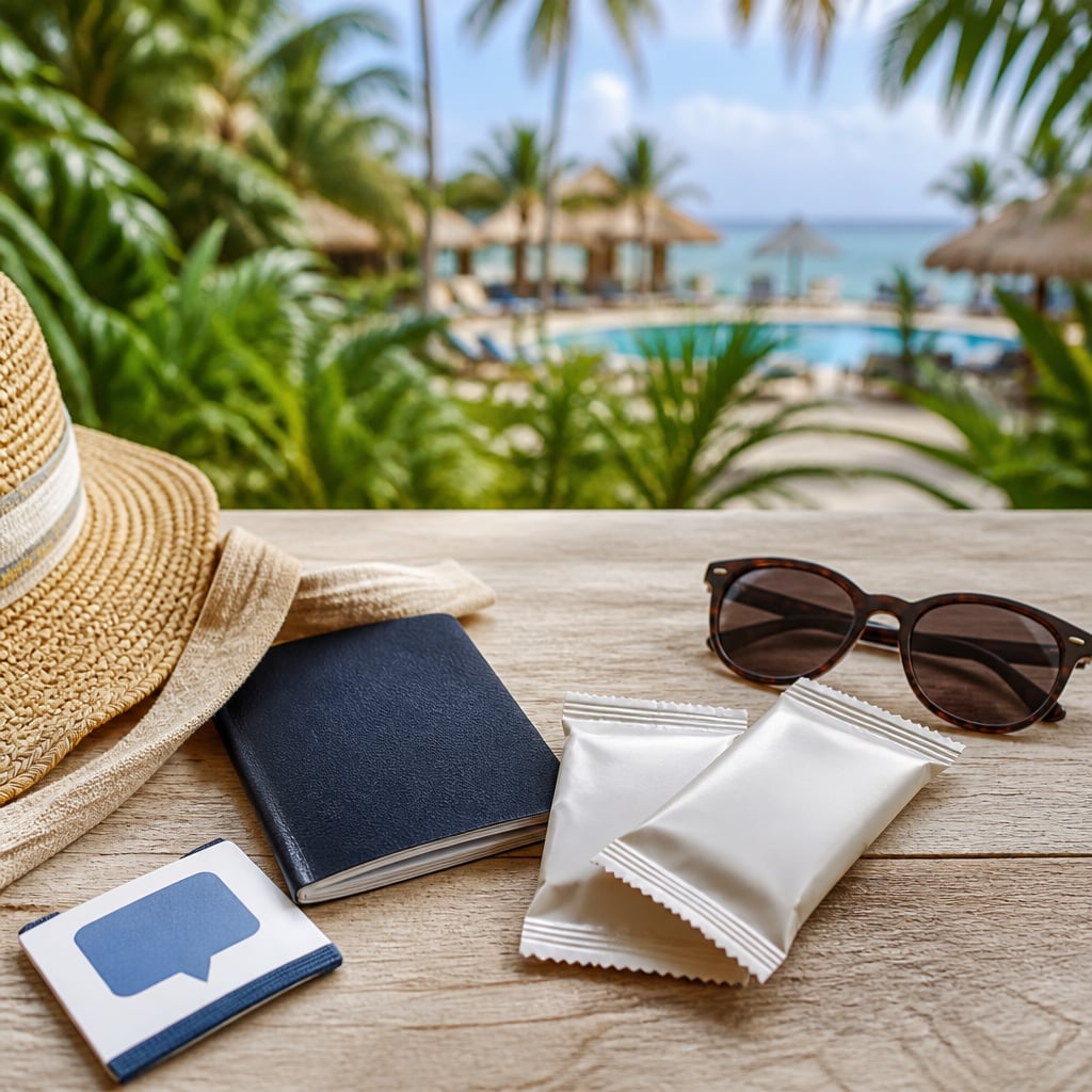 Travel essentials and sealed snack packets beside a tropical resort pool
