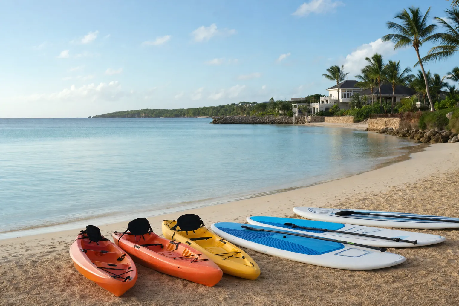 Kayaks and paddle boards arranged on a quiet tropical resort beach