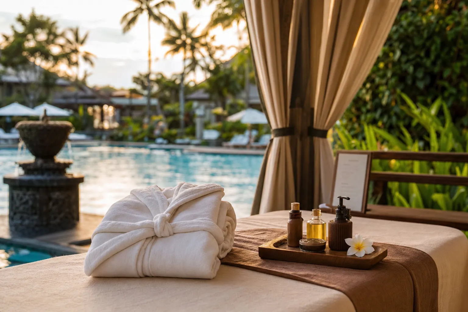 Resort spa cabana with a robe, massage oils, and a pool behind it