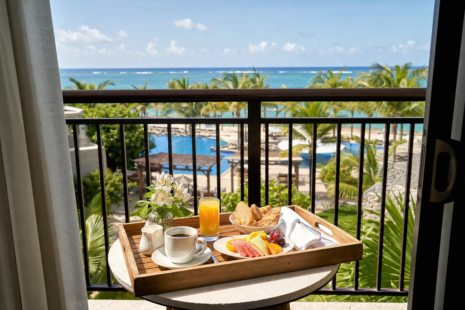 Breakfast tray on a resort balcony overlooking a tropical pool and ocean