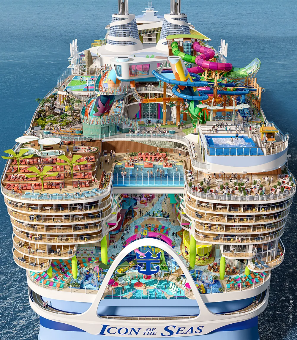 Overhead view of a modern cruise ship with pools and waterslides