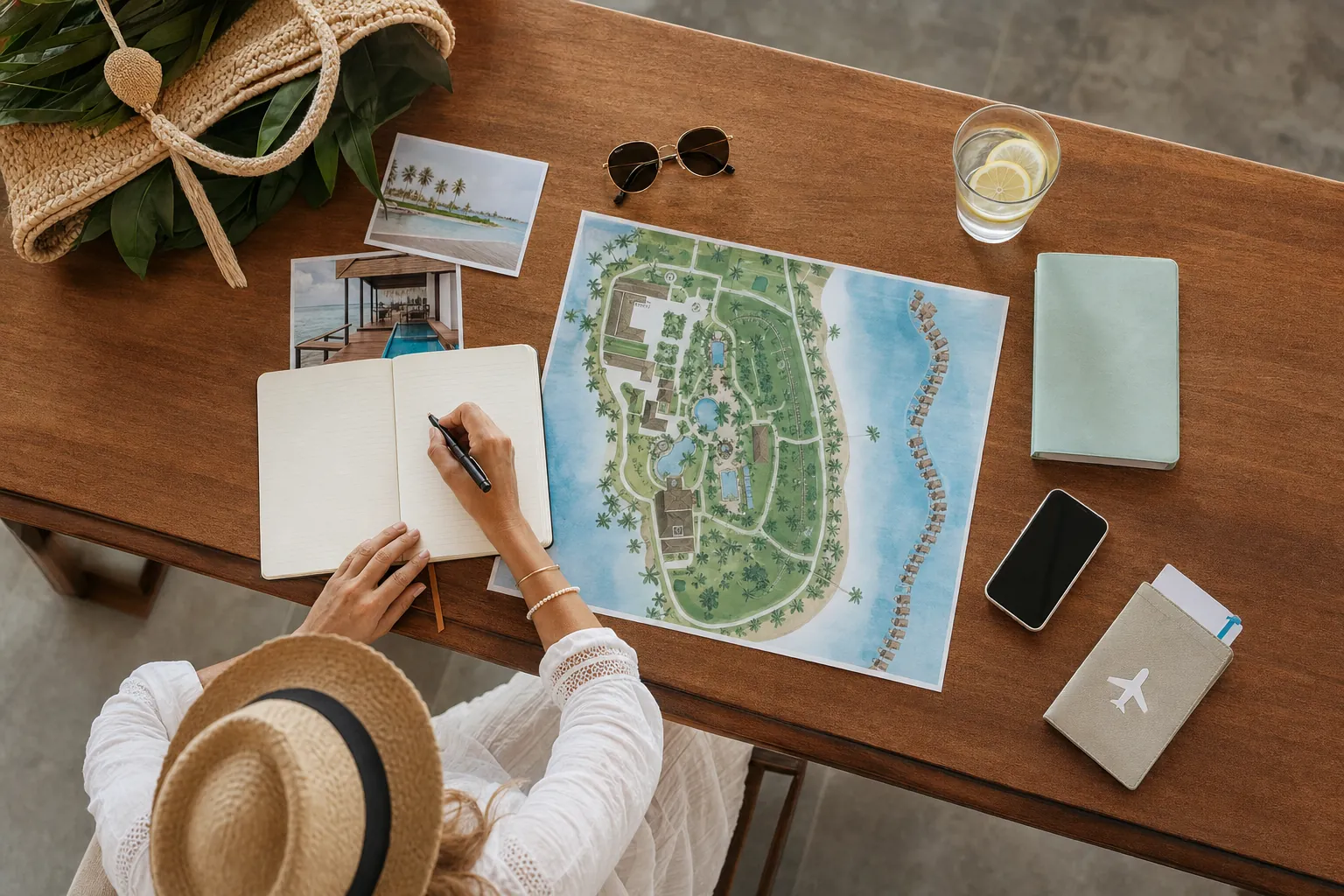Traveler comparing a resort map, notebook, phone, and vacation details on a wooden table