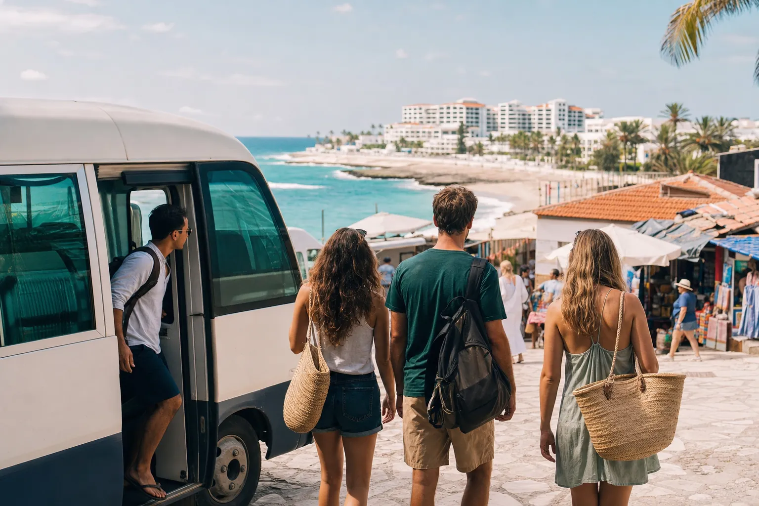 Travelers leaving a resort shuttle to explore a seaside market near the beach