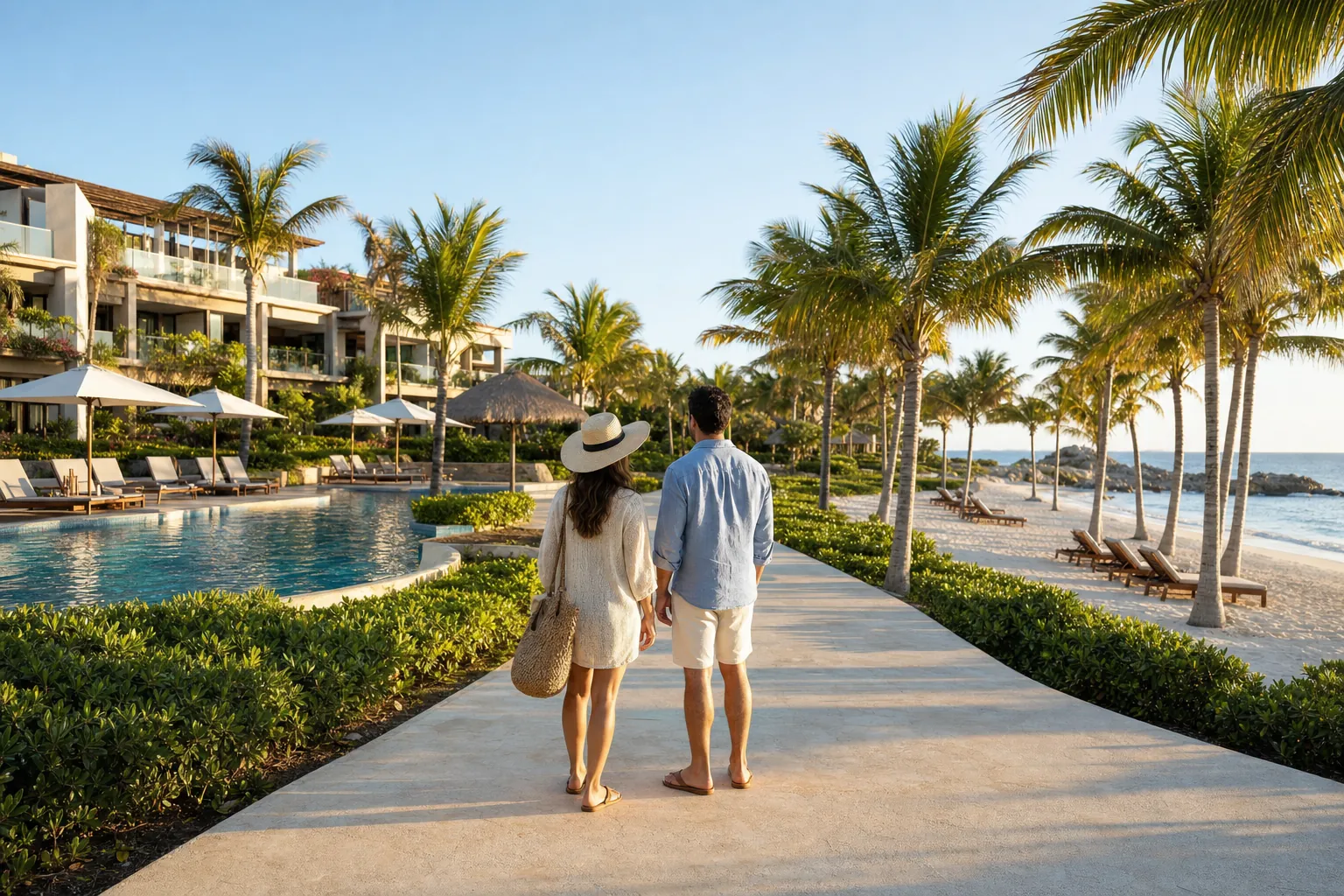Couple walking between a tropical resort pool and a palm-lined beach