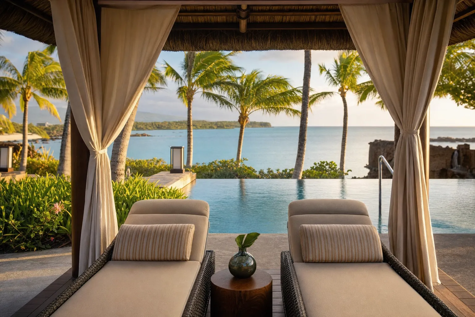 Quiet tropical resort cabana with loungers, an infinity pool, and ocean views