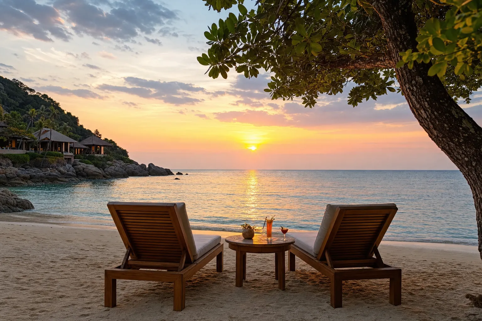 Two lounge chairs on a tropical beach at sunset