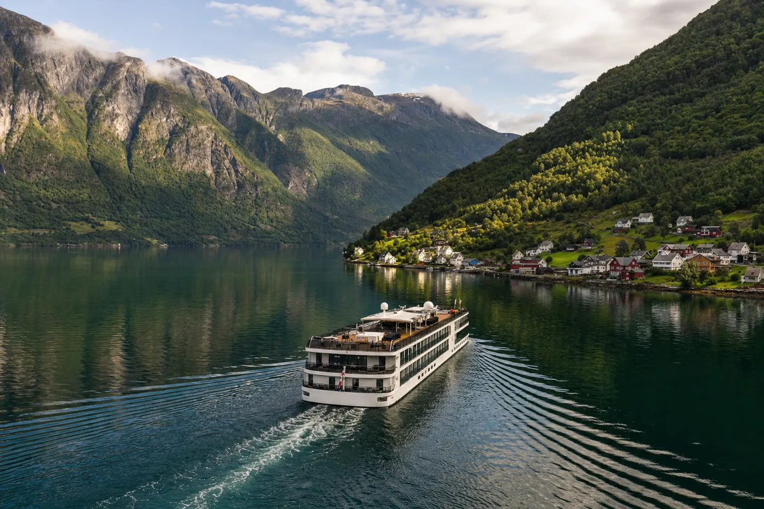 River cruise ship moving through a green fjord
