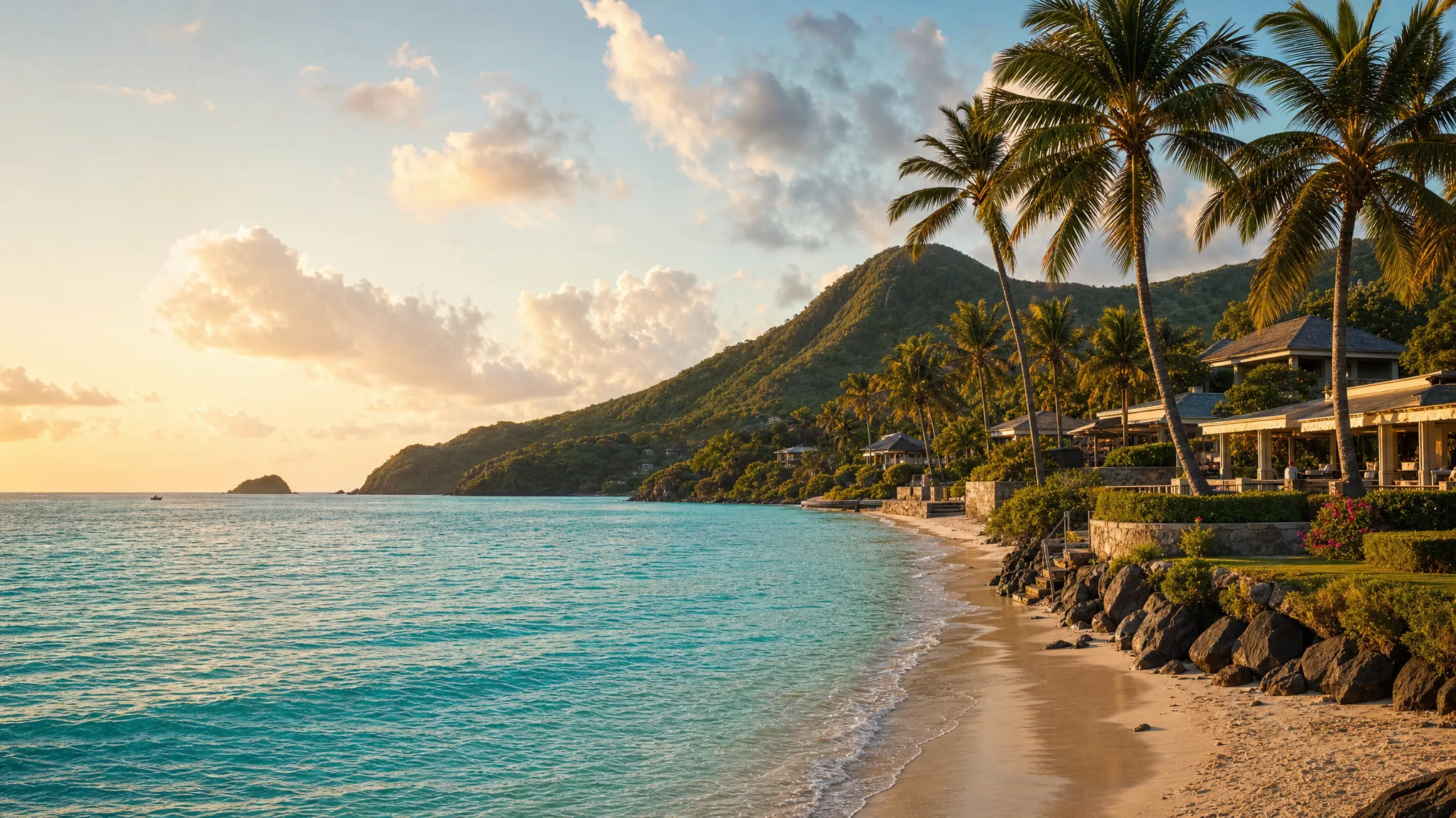 Caribbean resort shoreline at golden hour