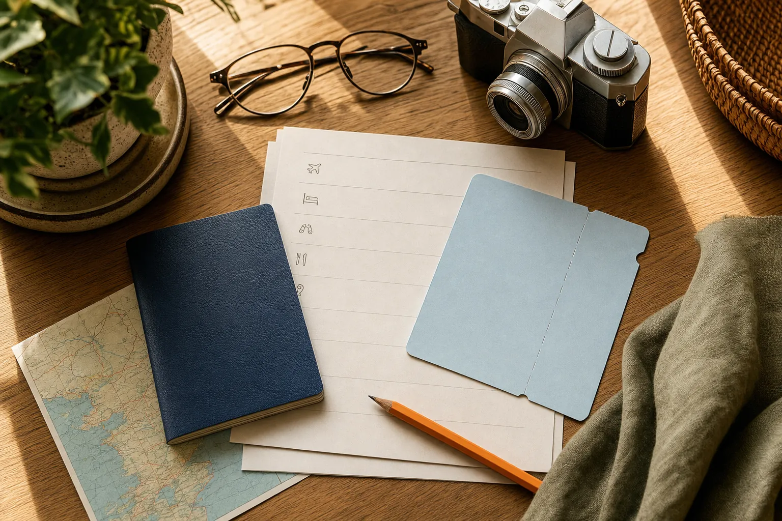 Travel planning desk with an itinerary, camera, and map