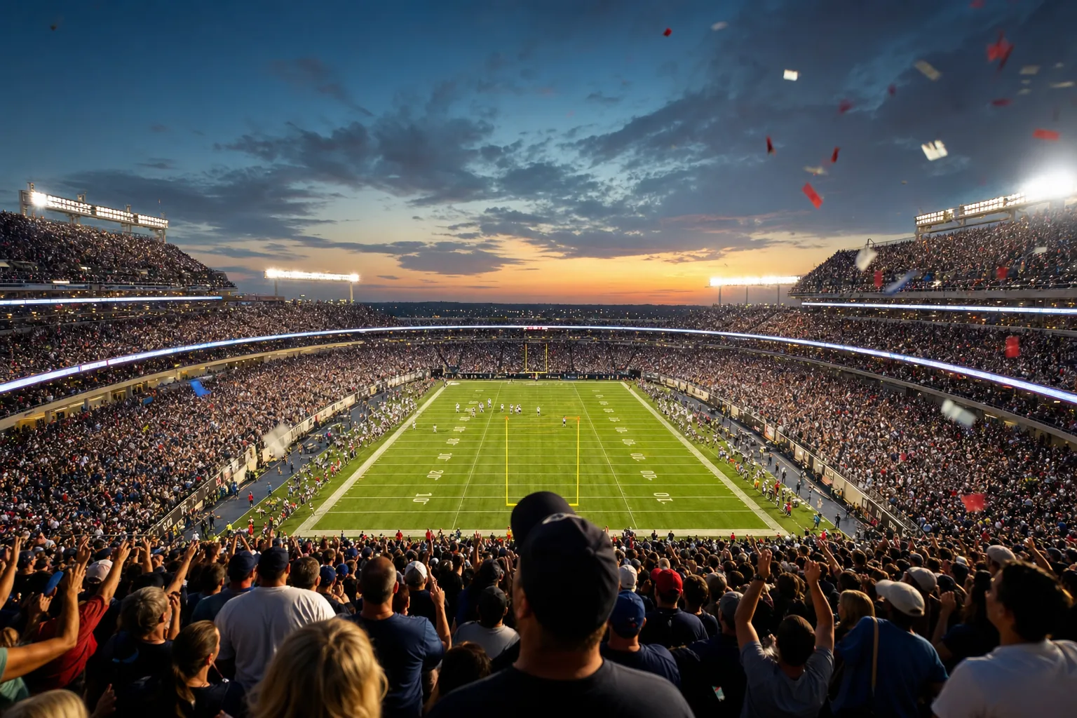 American football stadium illuminated at dusk