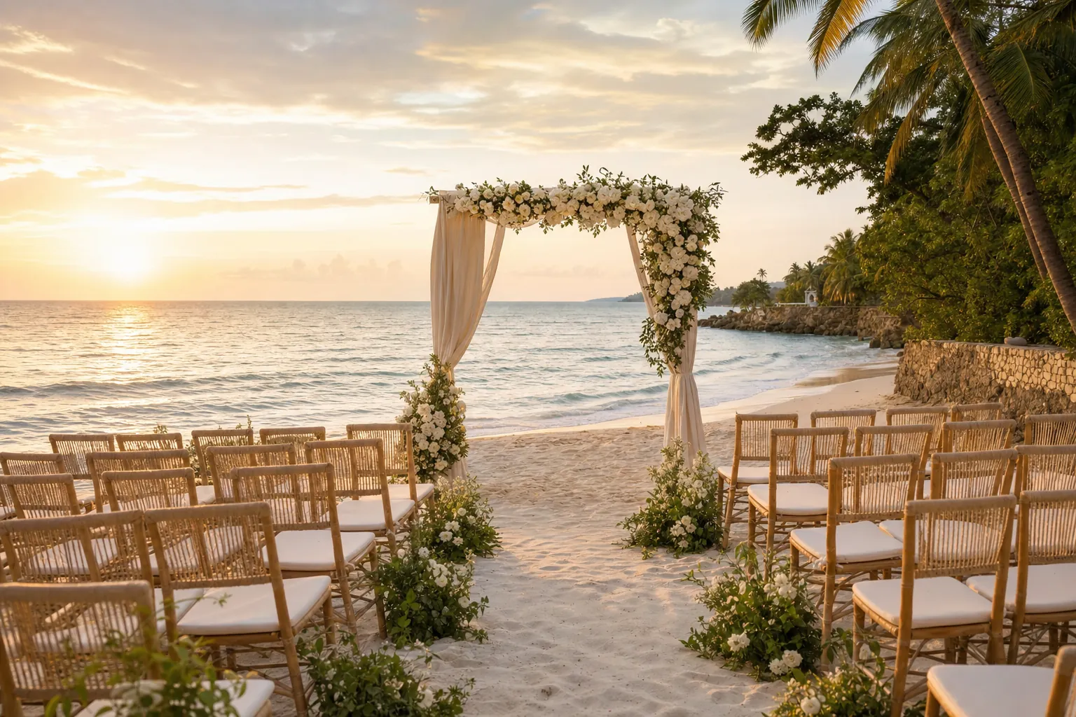 Beach ceremony setup at sunset
