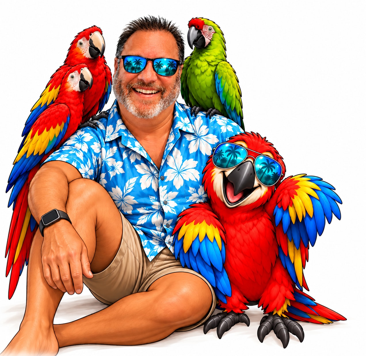 Curt Chandler in a blue Hawaiian shirt with colorful parrots