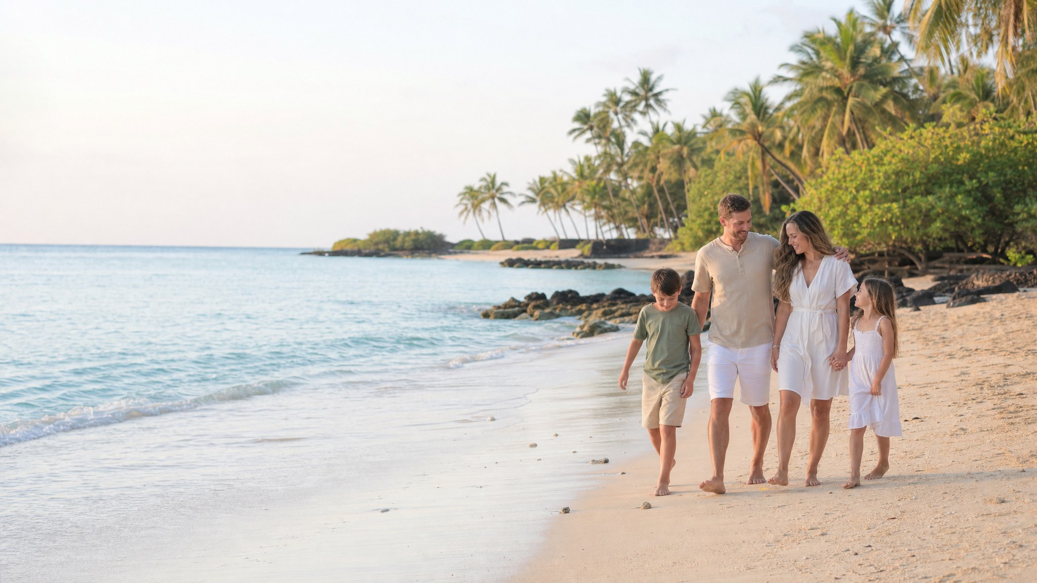 Family walking together along a tropical beach