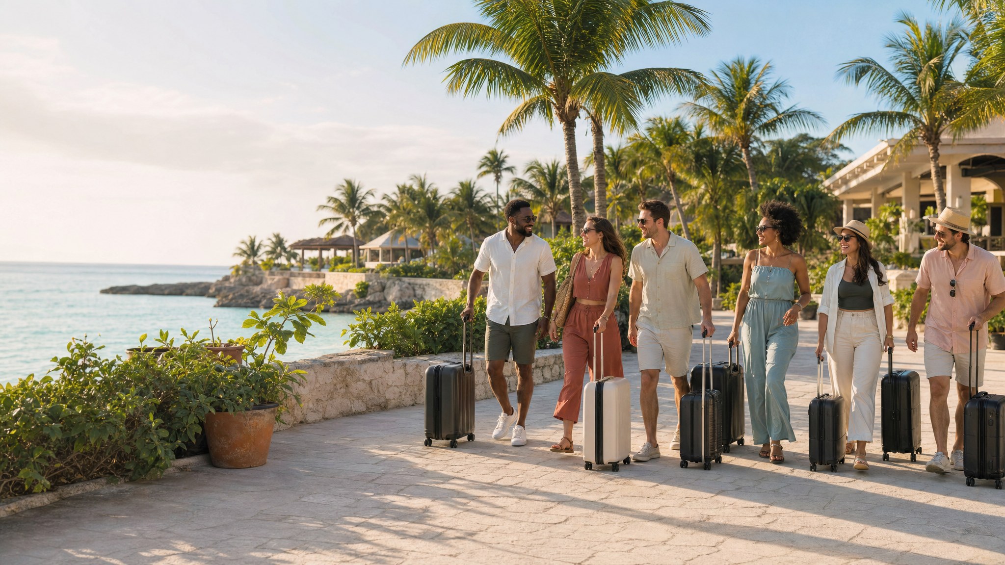 Friends arriving together at a tropical beachfront resort