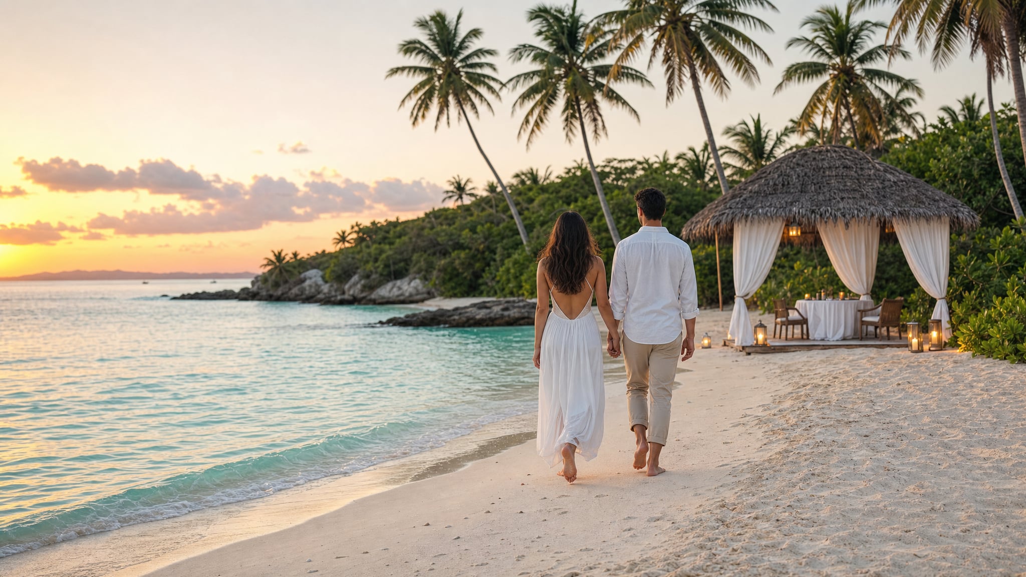 Couple walking together along a tropical beach at sunset