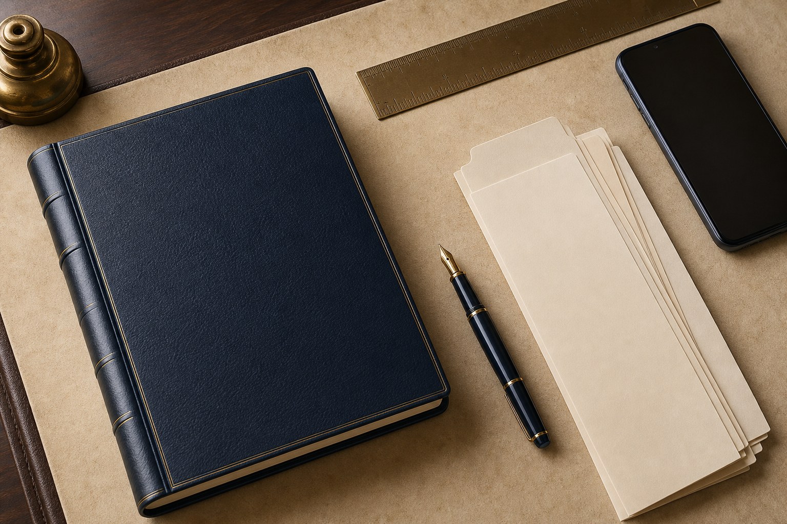 Navy legal notebook and blank folders on a parchment desk