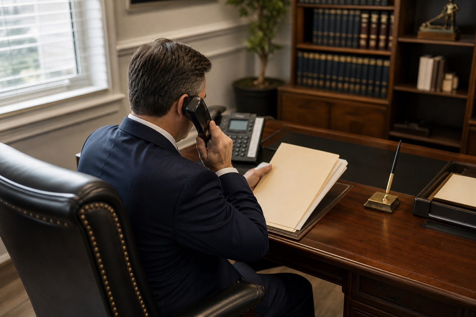 Attorney reviewing an intake file during a phone call